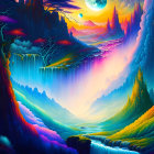 Fantastical landscape with waterfalls, islands, spires, two moons, and colorful sunset