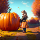 Young girl in dress and sweater by giant pumpkin in autumn scene.