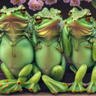 Whimsical green frogs with gold details on wooden surface