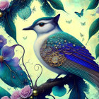 Colorful Stylized Bird with Floral and Butterfly Motifs in Blues, Greens, and Purp