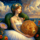 Fantastical painting of woman with celestial hair and butterflies, holding golden sphere