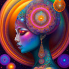 Colorful digital artwork: Female figure with swirling hair, ornate patterns, third eye symbol