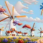 Vibrant cartoon landscape with windmills, trees, houses, path, and butterflies