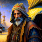 Detailed Artwork: Bearded Man in Middle Eastern Attire with Golden Bazaar Backdrop