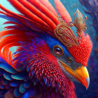 Colorful Fantastical Bird with Blue and Red Feathers and Crown Headpiece