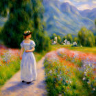 Woman in white dress strolling on flower-lined path to village with mountain backdrop