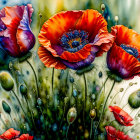 Colorful painting of red-orange poppies with blue centers and green buds on blurry backdrop.