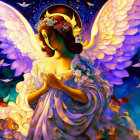 Ethereal illustration of young angelic girl with glowing wings among vibrant flowers