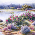 Serene landscape with lake, colorful flowers, and misty ambiance