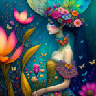 Woman surrounded by oversized flowers and butterflies in nature-themed illustration