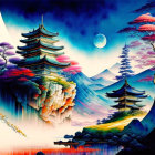 Fantasy landscape with pagodas on floating islands and colorful scenery