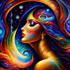 Cosmic-themed portrait of a woman with vibrant features