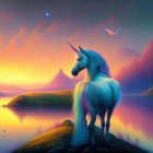 White unicorn by tranquil lake at sunset with mountains.