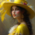 Elegant woman in yellow attire with feathered hat and golden jewelry