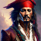 Illustration of a fictional pirate with red headband and jewelry against brooding sky.