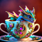 Detailed Blue Dragon in Ornate Teacup with Golden Embellishments