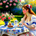 Woman in Floral Dress Enjoying Tea and Cake in Sunlit Garden