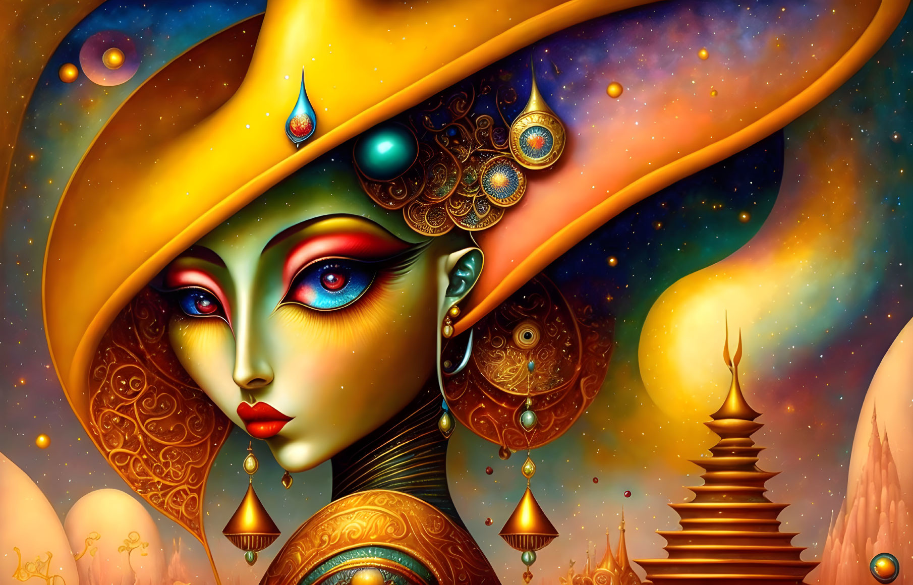 Colorful digital artwork of stylized female figure with exotic jewelry and celestial hat in cosmic setting