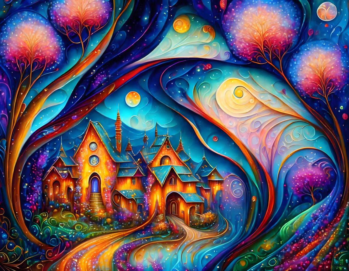 Fantasy village painting with glowing trees and celestial skies