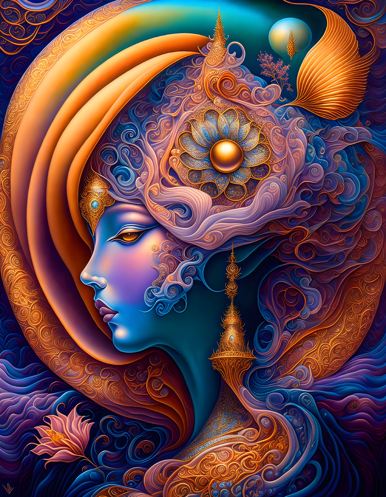 Colorful digital artwork: Female figure with swirling hair, ornate patterns, third eye symbol