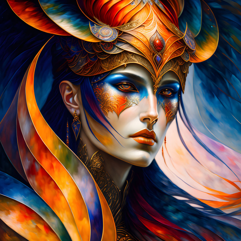 Colorful digital artwork: Fantastical female figure with elaborate feathered headdress