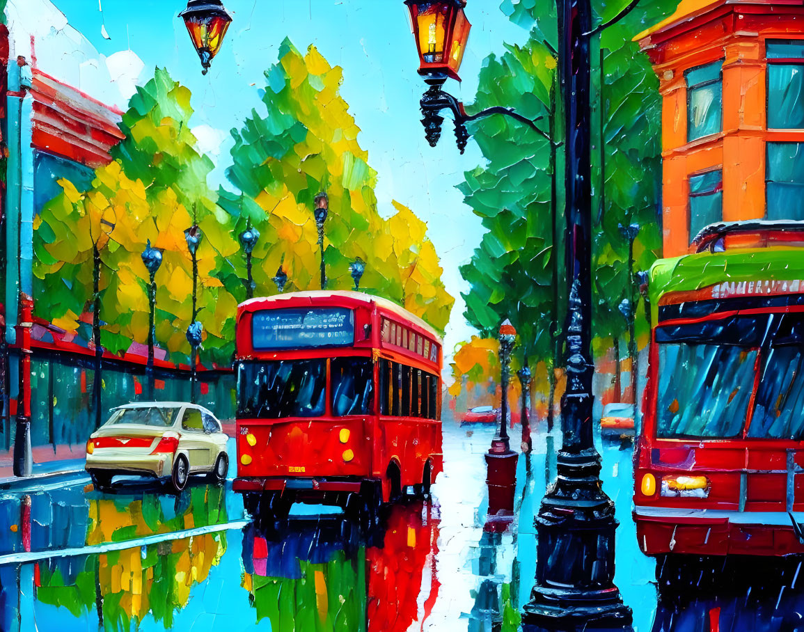 Colorful city street oil painting on a rainy day with red buses, white car, and street lamps