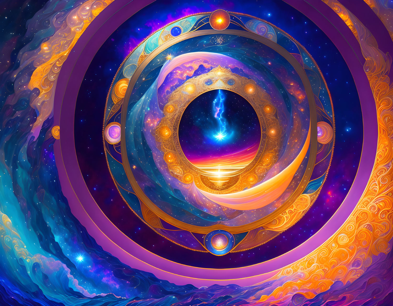 Colorful Cosmic Art: Spiraling Galaxies and Planets in Swirling Blues and Purples