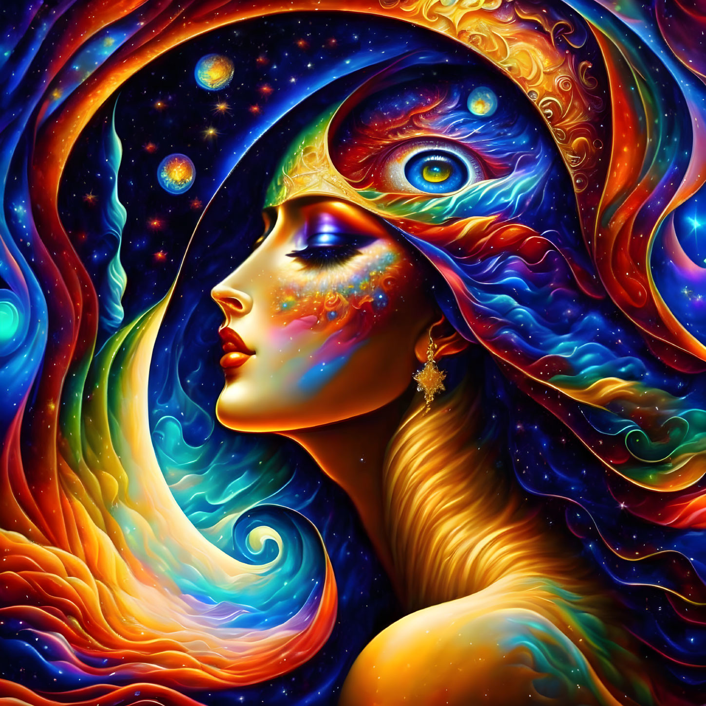 Cosmic-themed portrait of a woman with vibrant features