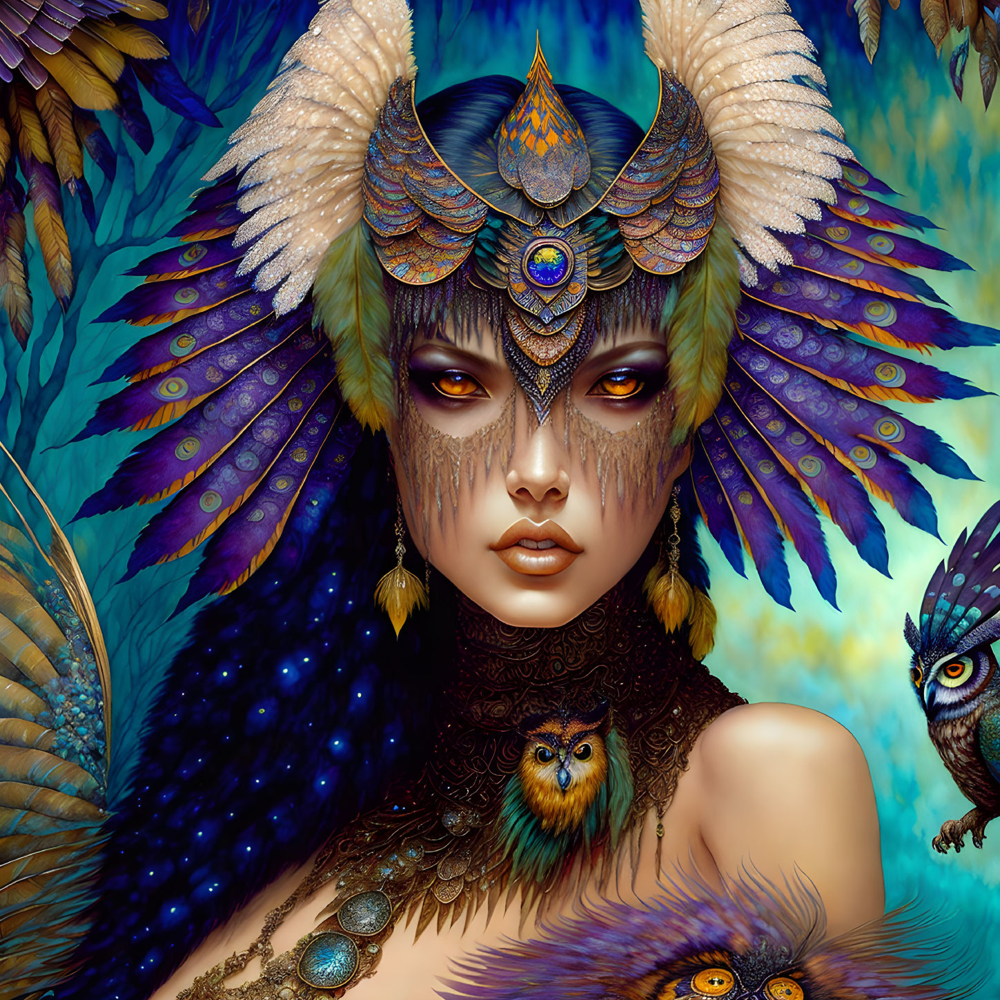 Fantasy illustration: Woman with peacock feather headdress, owl on shoulder, intricate jewelry.