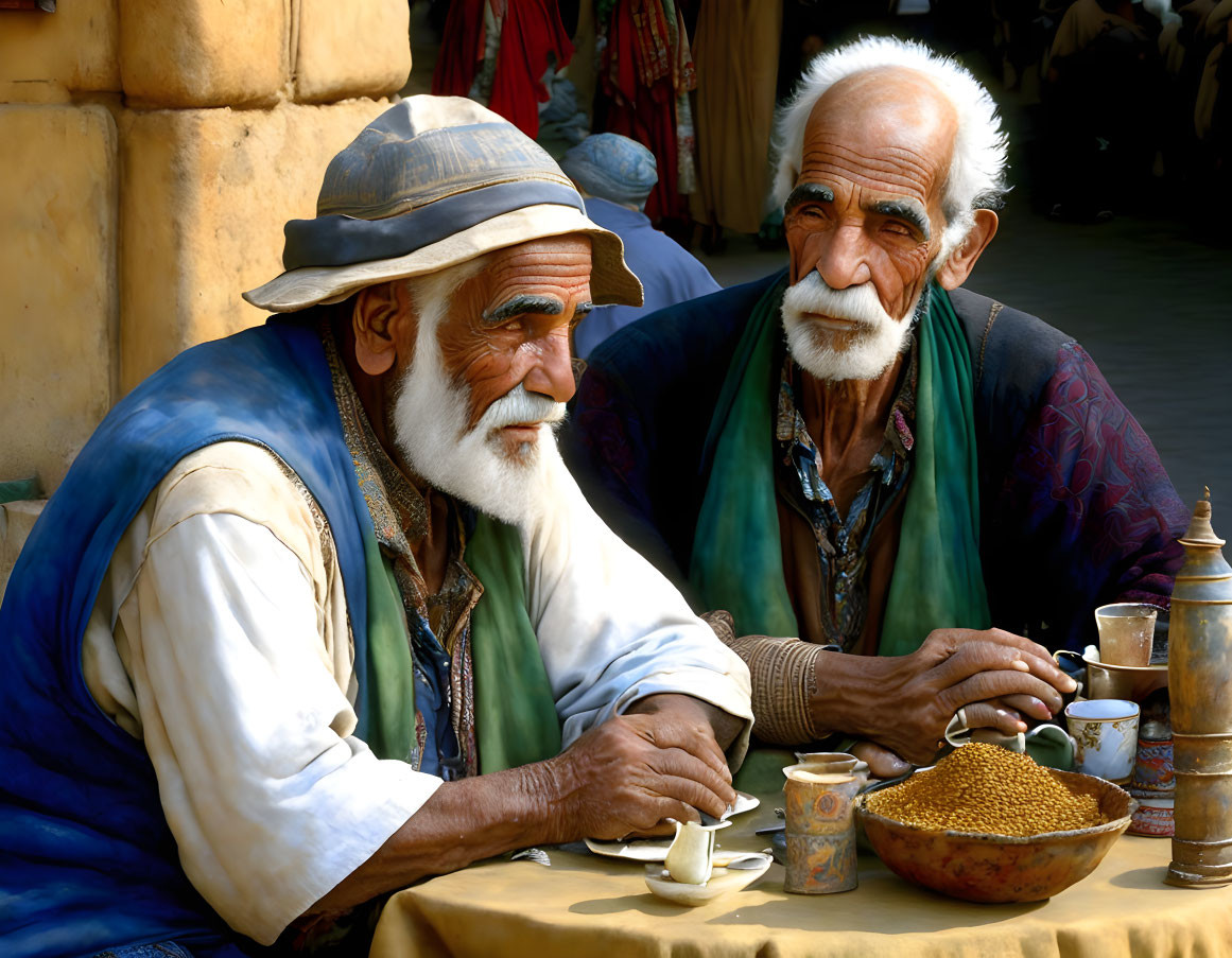 Elderly gentlemen in hats and vests having a conversation at a table