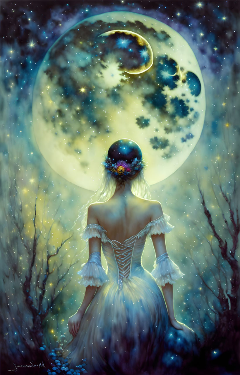 Woman in white dress before giant moon in mystical forest with celestial hair universe.