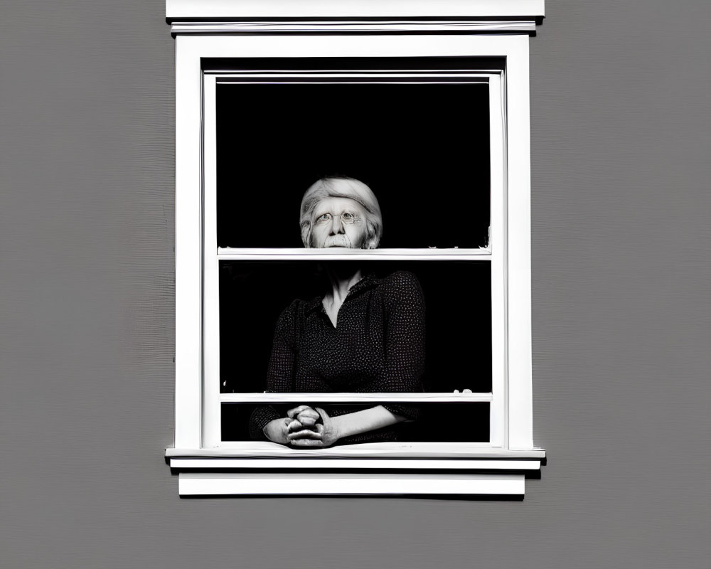 Blonde Elderly Woman in Dark Blouse Looking Out of Window