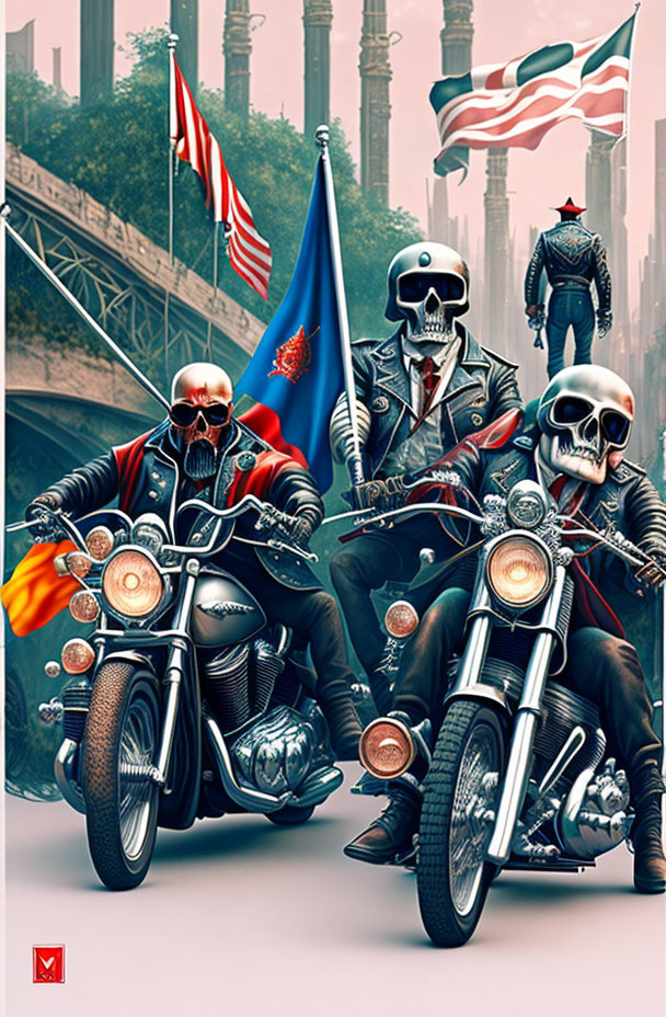 Skeleton Bikers Ride Motorcycles Amid National Flags in Foggy Cityscape