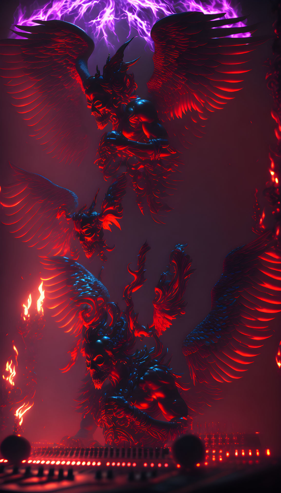 Red-themed image with winged creatures in flight amid lightning and flames