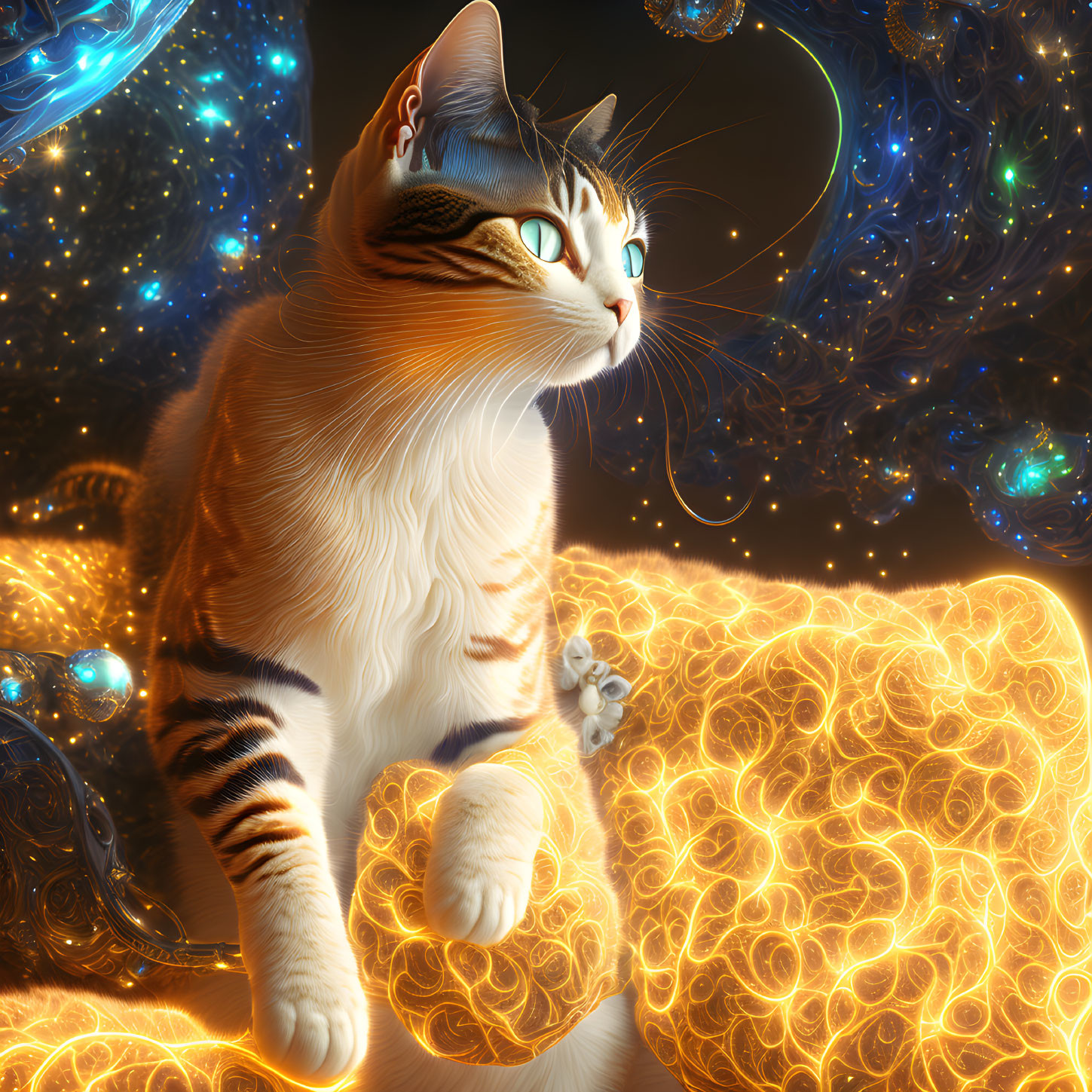 Majestic cat with green eyes in cosmic space setting