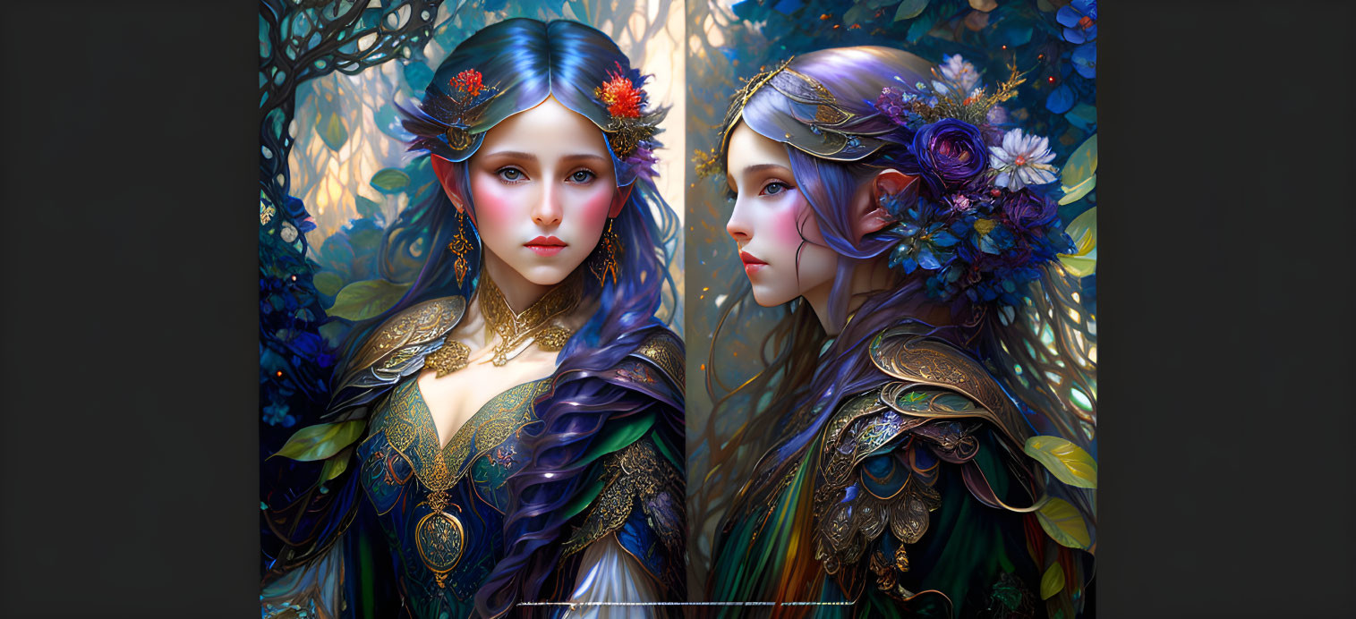 Fantasy characters in ornate clothing with floral headdresses against nature backdrop