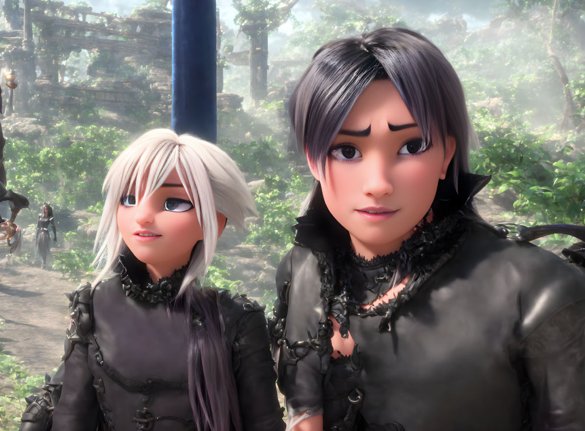 Two animated female characters with black and white hair in fantasy attire in a mystical forest.