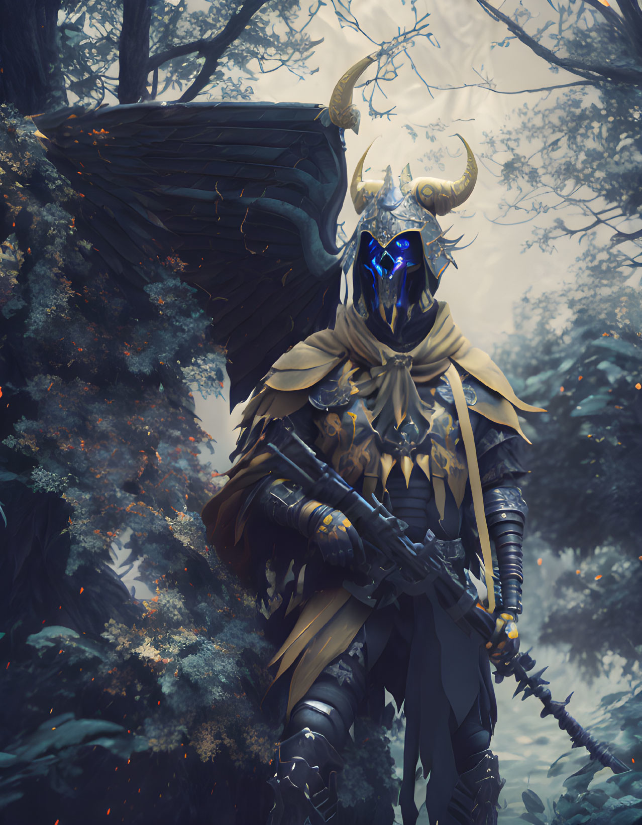 Armored figure with horned helmet in mystical forest