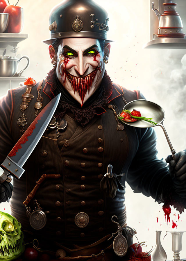 Illustration of creepy chef with sinister smile, white face paint, blood-stained apron, holding