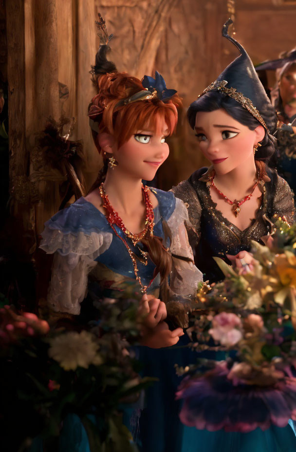 Animated female characters in elaborate dresses and hats sharing a moment in warm lighting