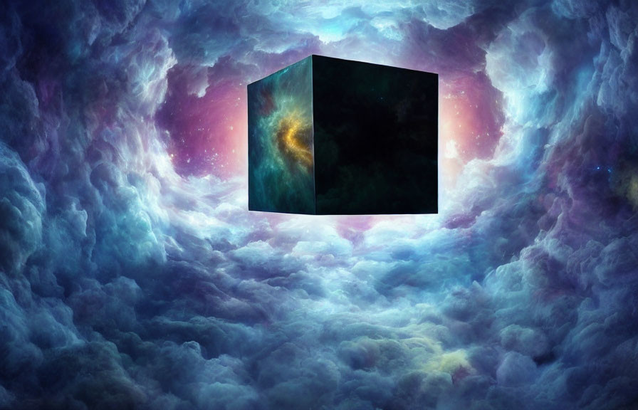 Surreal cosmic cube in vibrant nebula and starscape