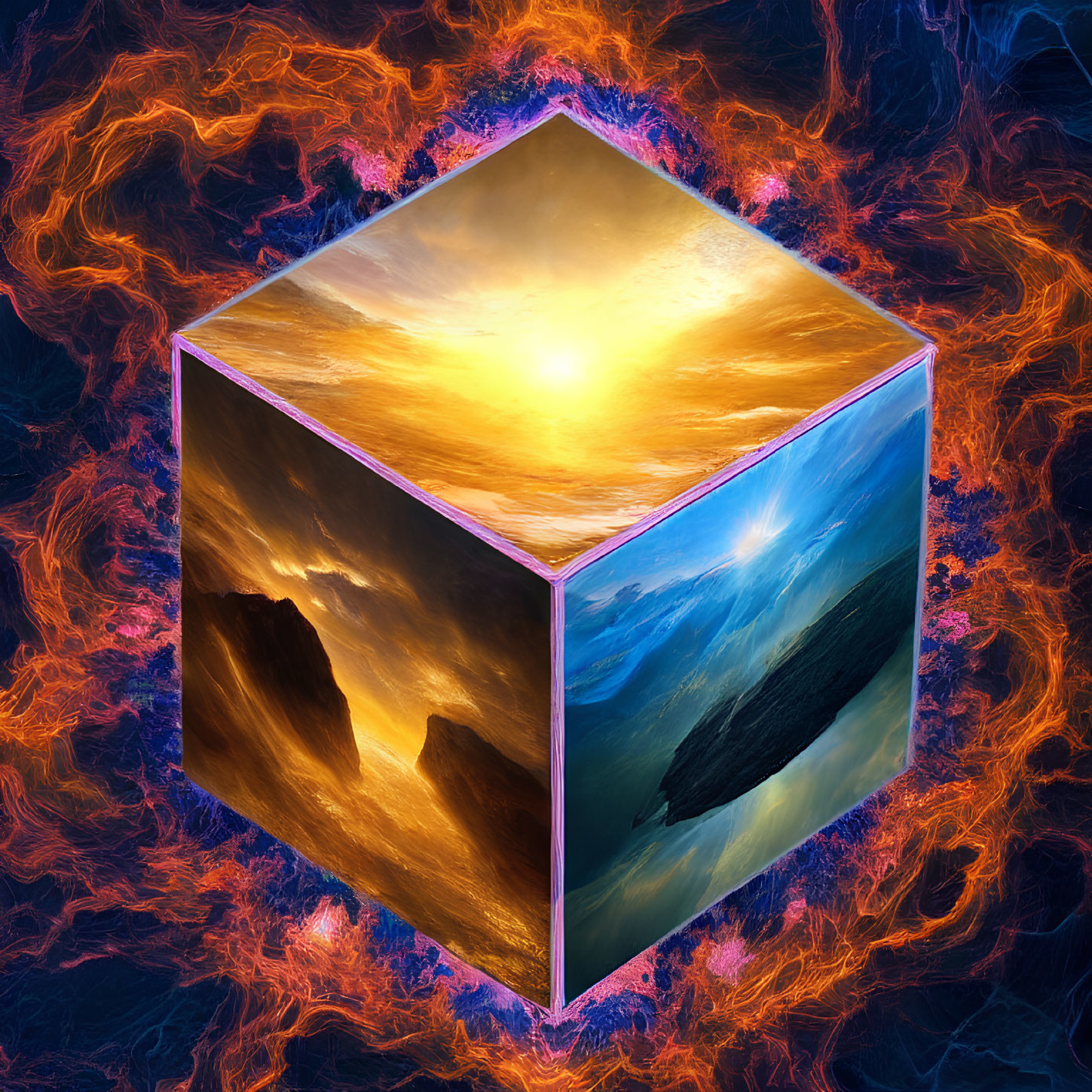 Reflective 3D cube with golden sunrise, mountains, and energy swirls