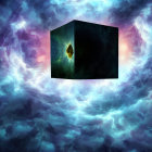 Surreal cosmic cube in vibrant nebula and starscape