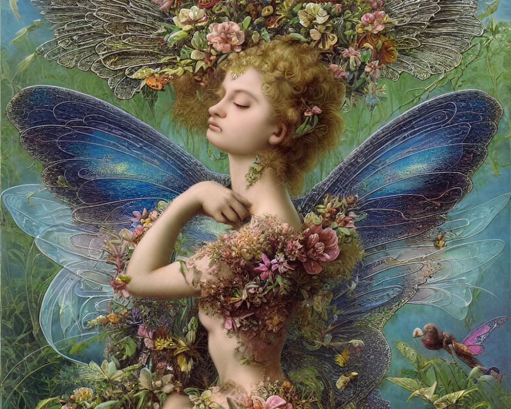 Detailed Artwork: Fairy with Ornate Wings Surrounded by Flowers