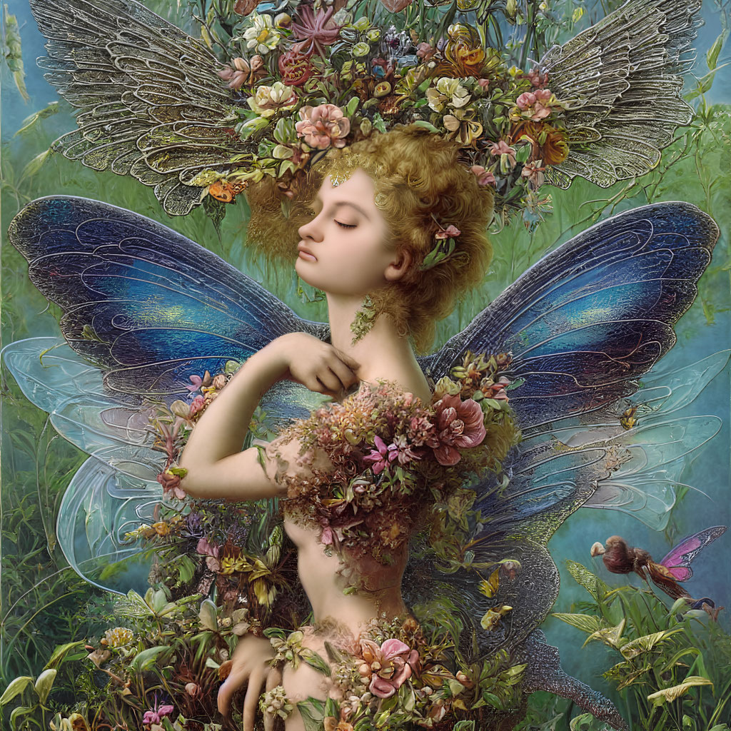 Detailed Artwork: Fairy with Ornate Wings Surrounded by Flowers