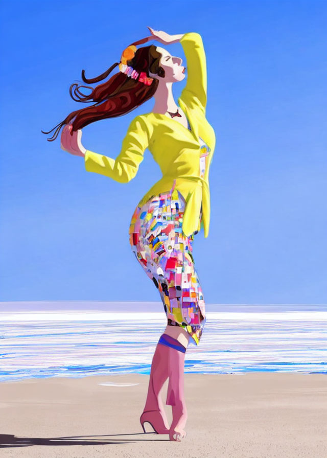 Colorful Woman Beach Illustration in Yellow Jacket and Mosaic Pants