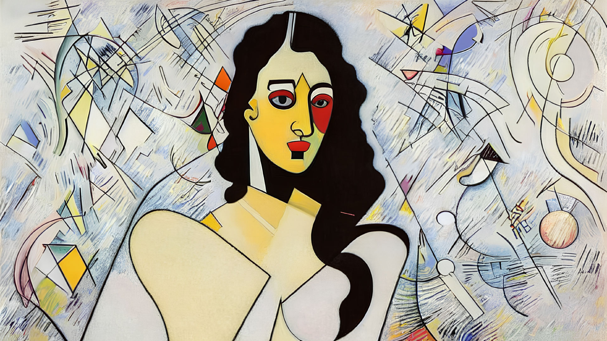 Colorful Cubist Painting of Woman's Face on Geometric Background