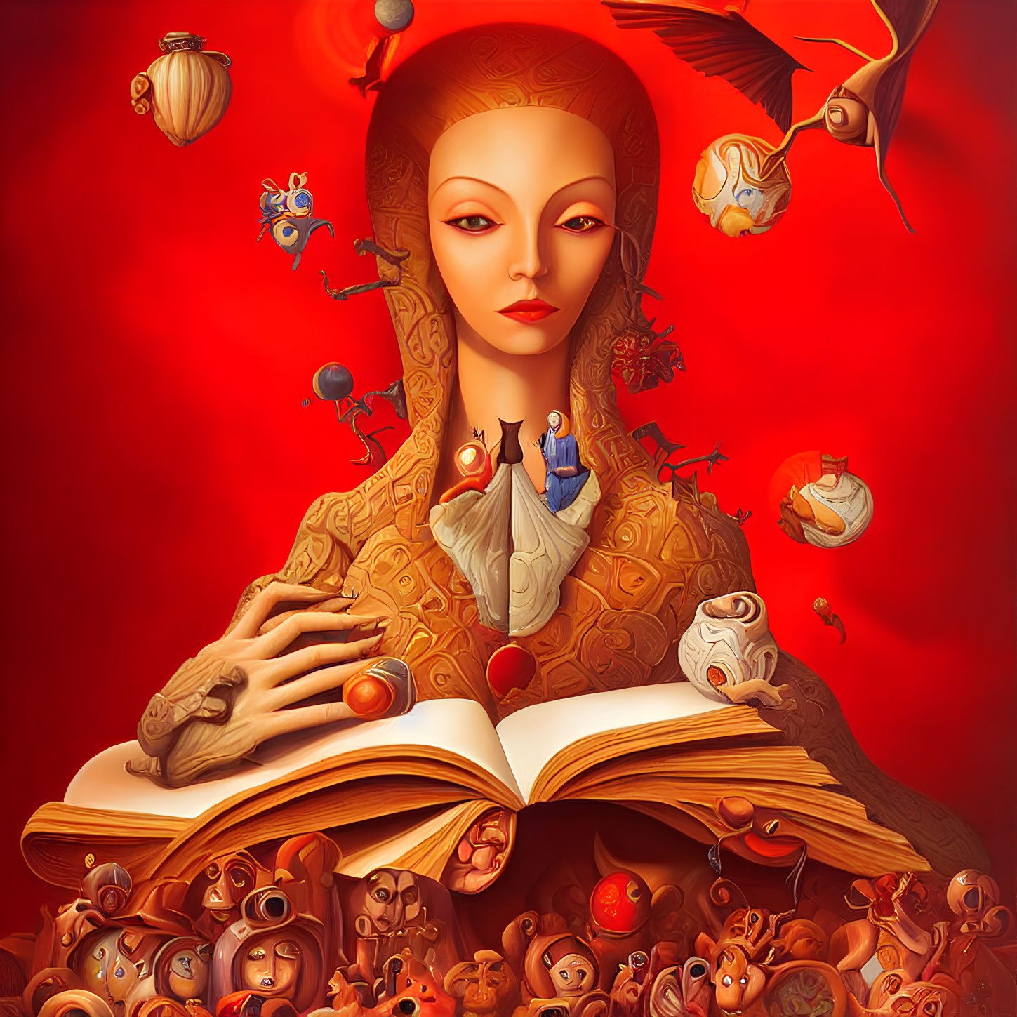 Surreal illustration of woman with open book in golden attire surrounded by floating figures on red backdrop