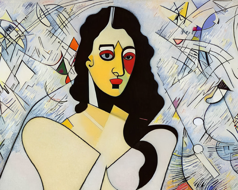 Colorful Cubist Painting of Woman's Face on Geometric Background