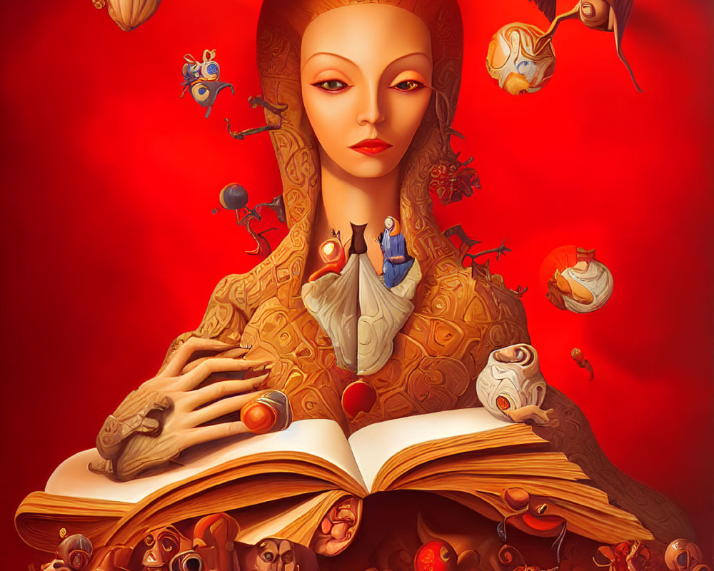 Surreal illustration of woman with open book in golden attire surrounded by floating figures on red backdrop